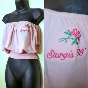 Vtg 80s pink Sturgis 89 rose embroidered graphic ruched terrycloth tube top S-1X